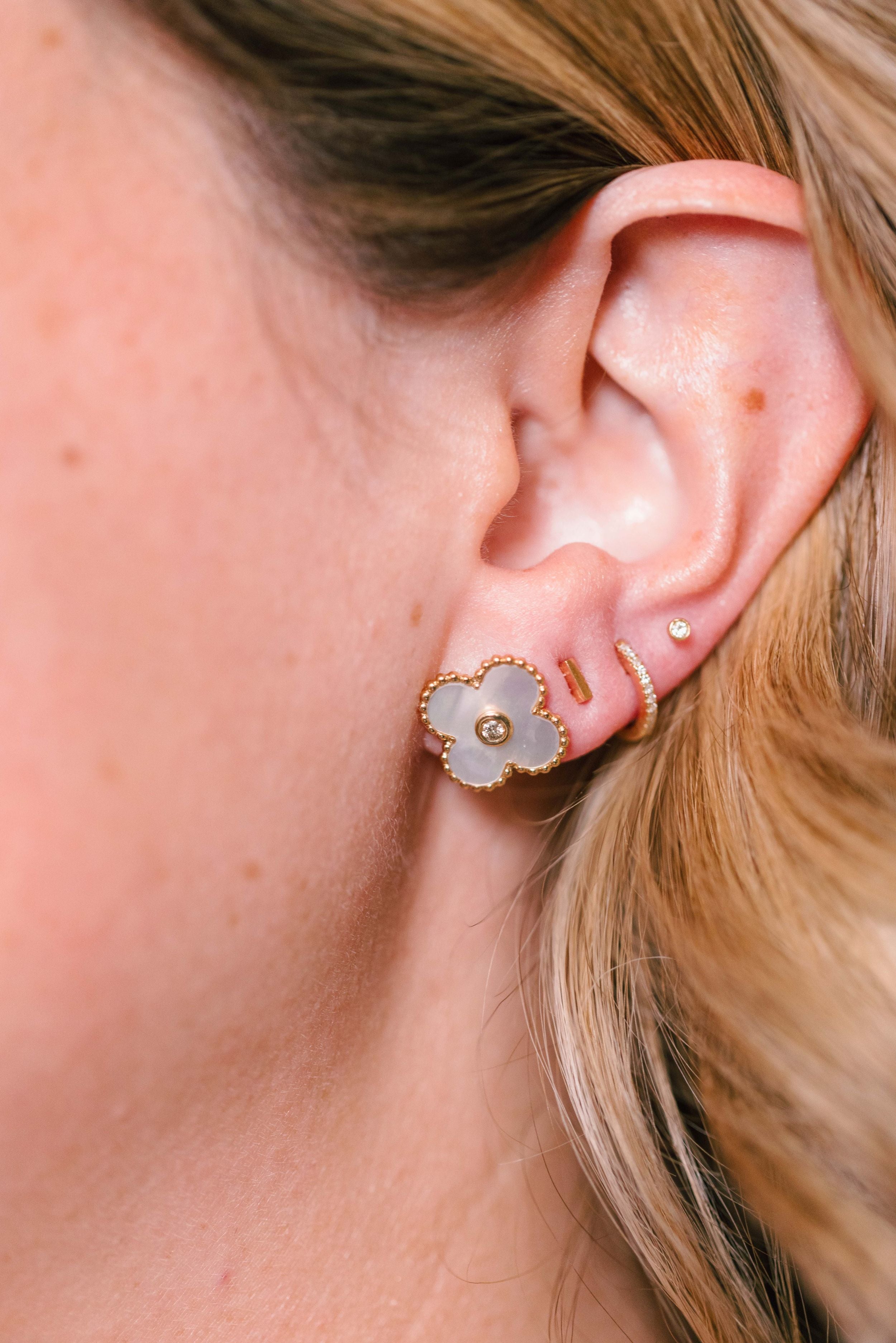 Diamond and Mother of Pearl Clover Earrings - 14k Yellow Gold - 0.06ctw modeled