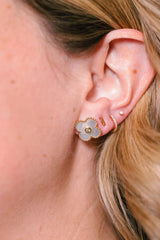 Diamond and Mother of Pearl Clover Earrings - 14k Yellow Gold - 0.06ctw modeled