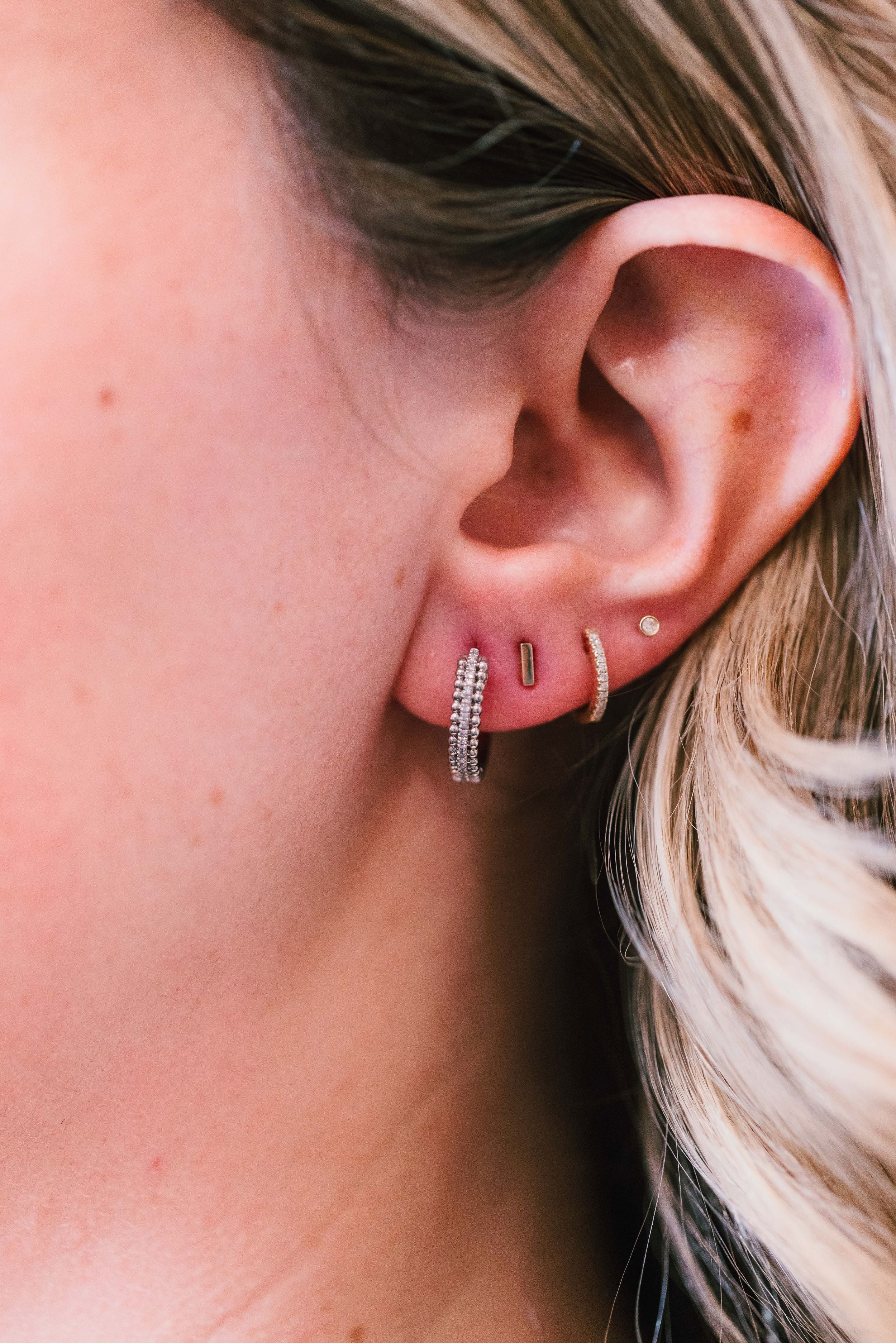 Diamond Beaded Huggie Earrings 10k White Gold 15mm - 0.07ctw modeled