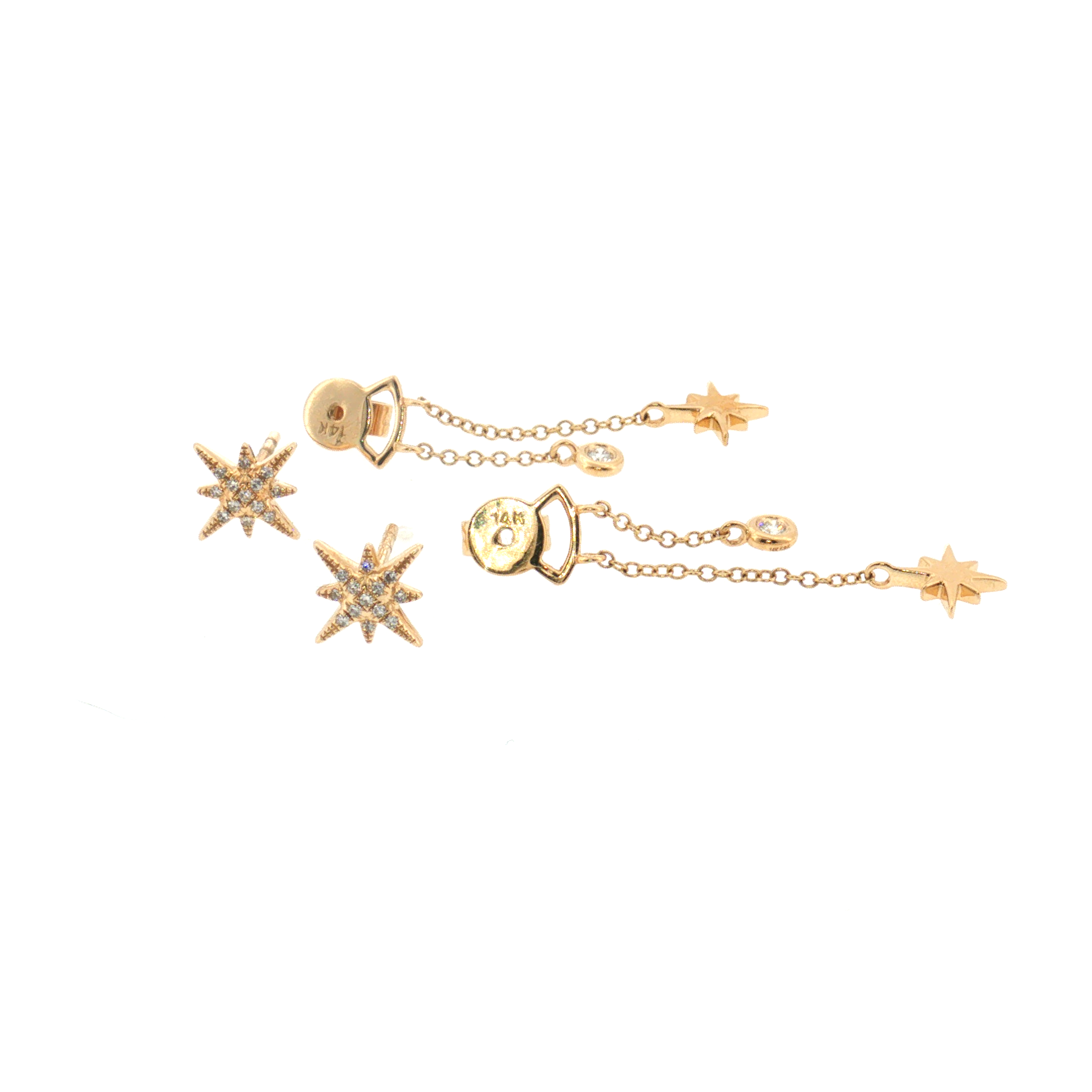 Diamond Starburst Drop Earrings - 14k Yellow Gold - 0.25ctw backs off and stamps