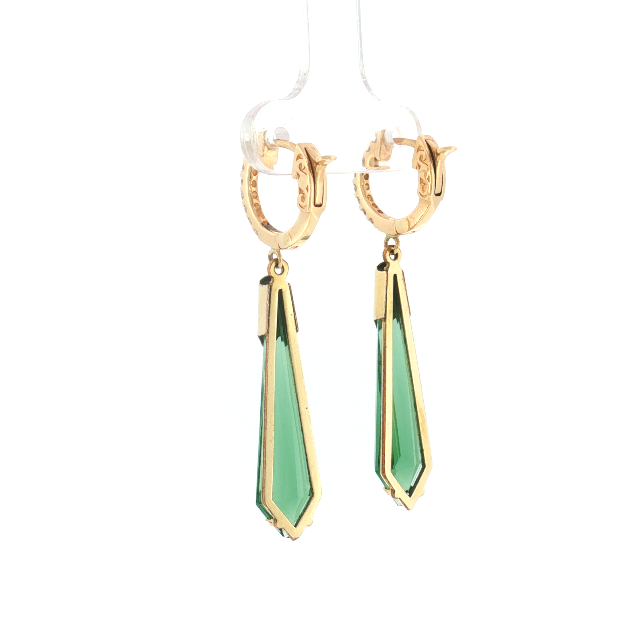 Green Tourmaline and Diamond Drop Earrings - 14k Yellow Gold - 0.25ctw backs