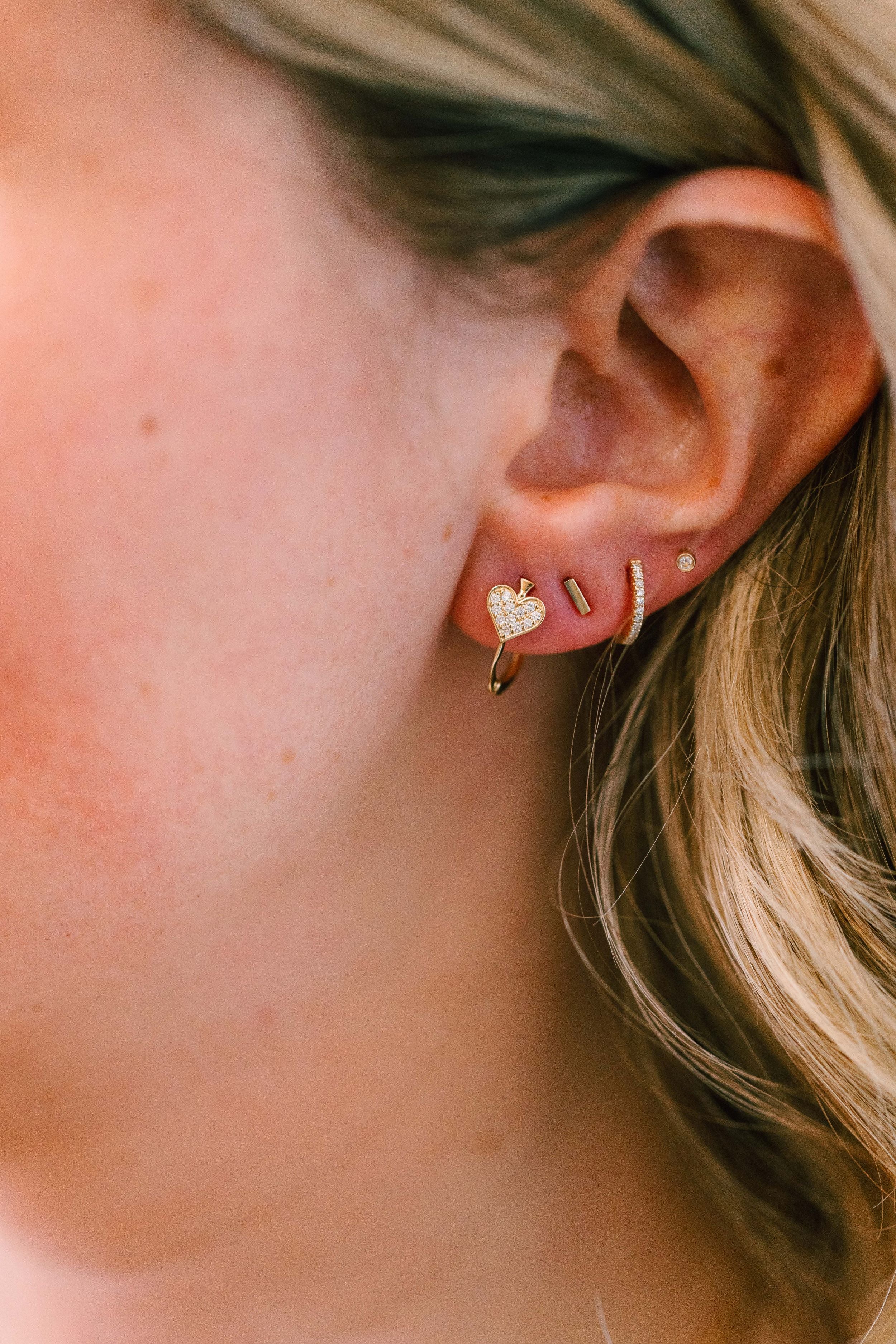 Heart Drop Huggie Earrings - 14k Yellow Gold - 0.13ctw modeled