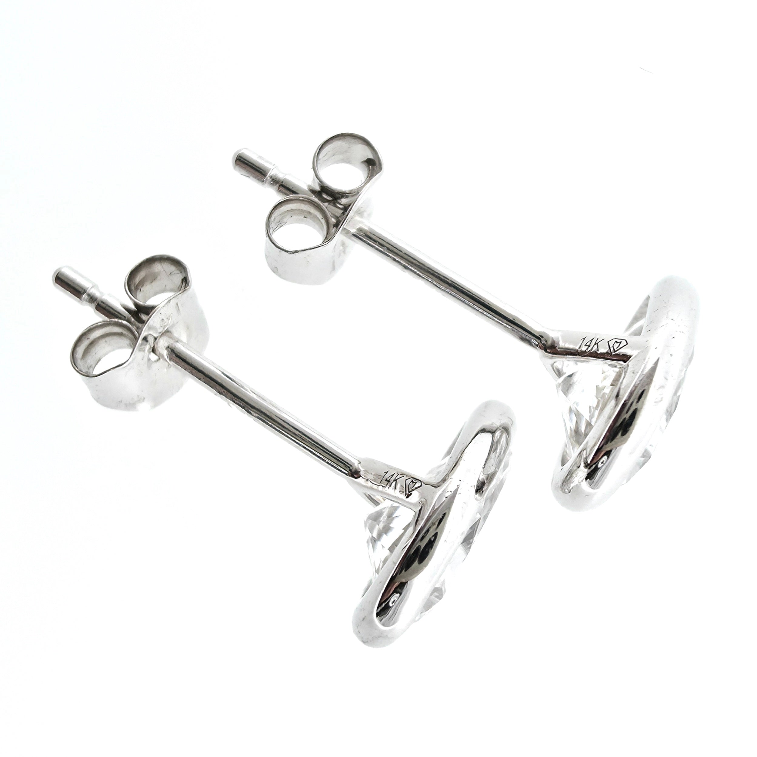 Lab Grown Diamond Bezel Pear Studs 14k White Gold - 1.00ctw close up with stamps