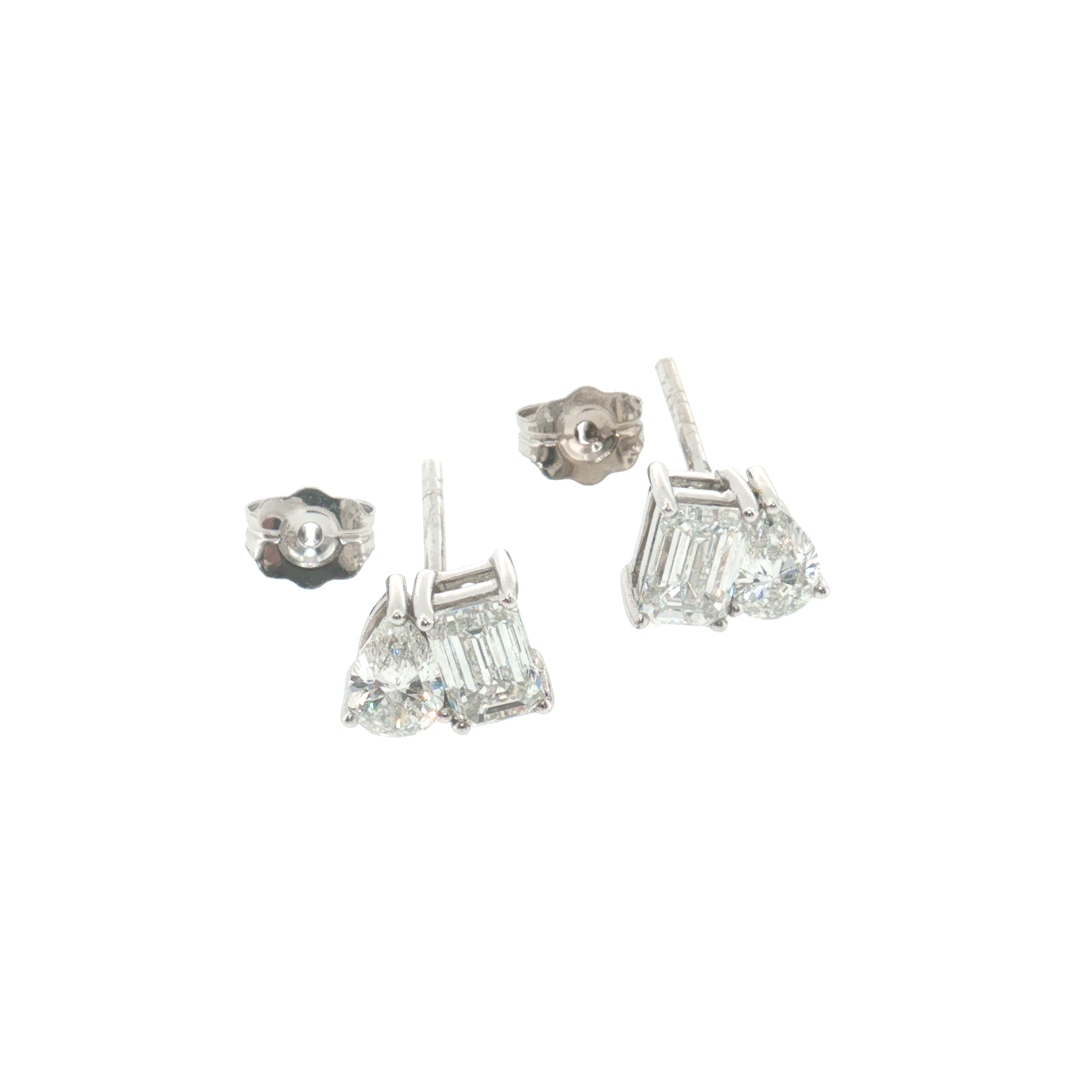 Lab Grown Diamond Toi et Moi Stud Earrings 14k White Gold - 2.51ctw close up with backs off