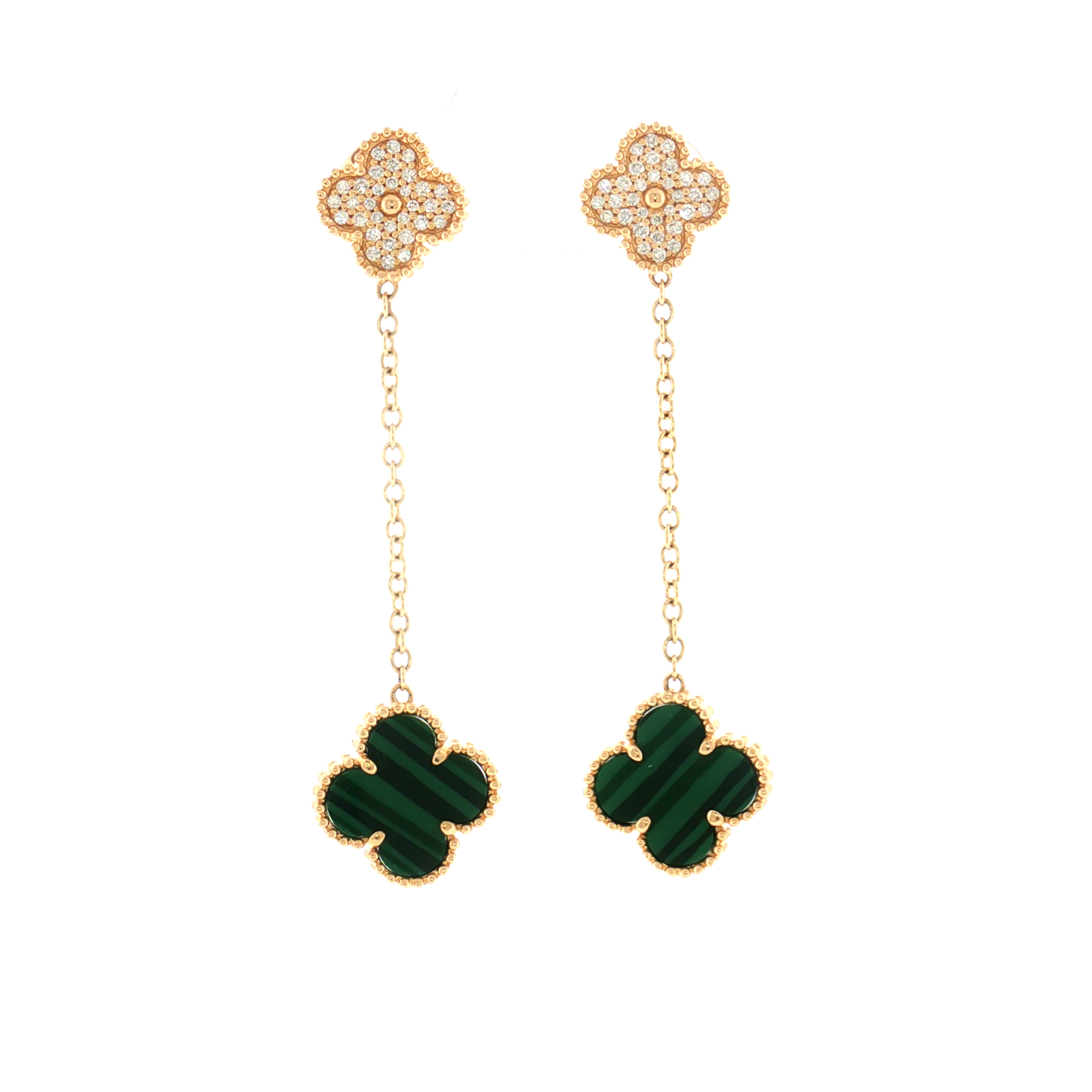Malachite and Diamond Clover Drop Earrings - 14k Yellow Gold - 0.25ctw