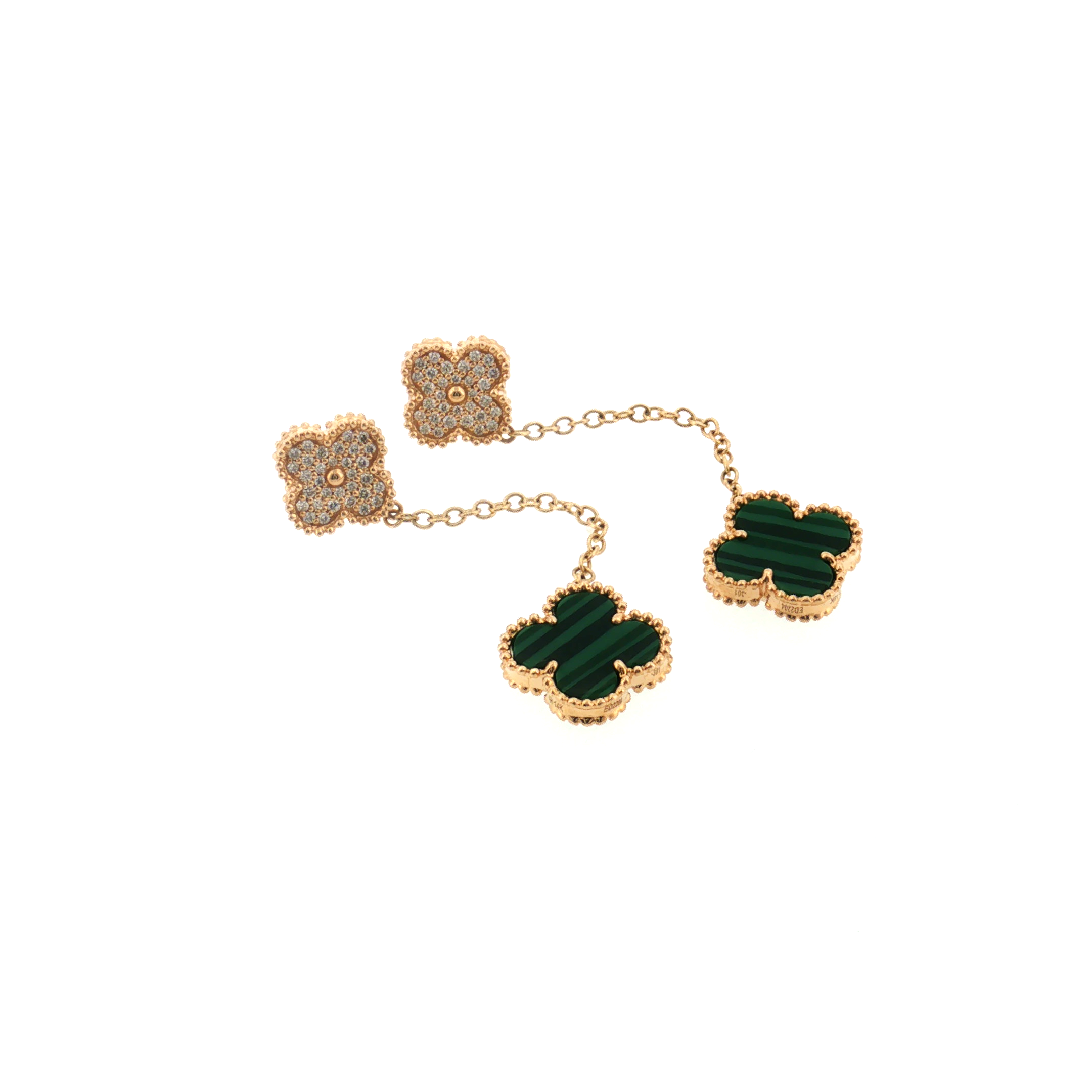 Malachite and Diamond Clover Drop Earrings - 14k Yellow Gold - 0.25ctwlaid flat 2
