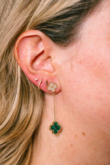 Malachite and Diamond Clover Drop Earrings - 14k Yellow Gold - 0.25ctw modeled
