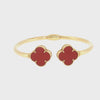 Carnelian Clover Open Bangle Bracelet - 10k Yellow Gold