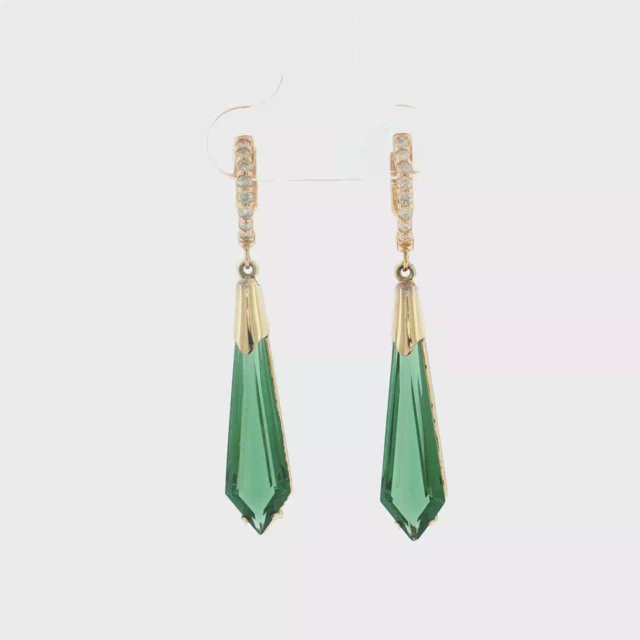Green Tourmaline and Diamond Drop Earrings - 14k Yellow Gold - 0.25ctw video