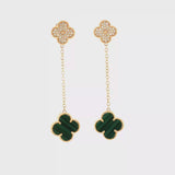 Malachite and Diamond Clover Drop Earrings - 14k Yellow Gold - 0.25ctw video