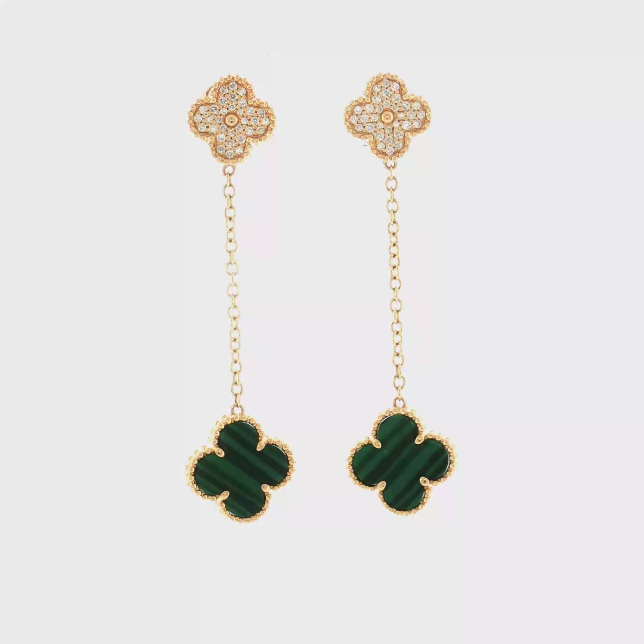 Malachite and Diamond Clover Drop Earrings - 14k Yellow Gold - 0.25ctw video